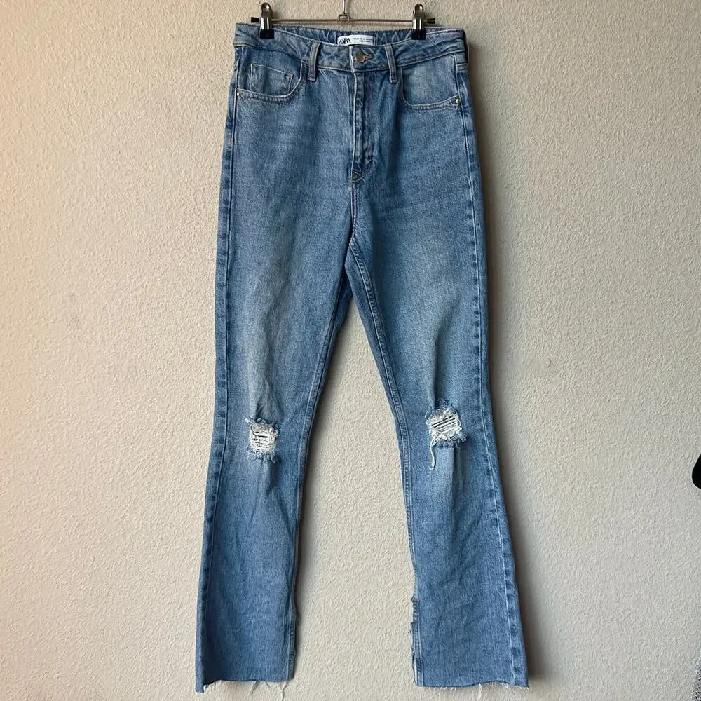 Zara High Rise Straight Leg Distressed Split Hem Jeans Size 6